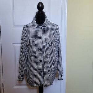 Zara jacket coat blazer frayed blue white woven tweed small unlined cotton blend